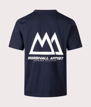 Marshall Artist Mountain Tailoring T-Shirt in Navy with White Back Print, 100% Cotton Back Shot at EQVVS