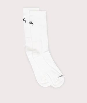 A-COLD-WALL* Bracket Socks in White with Black Ankle and Toe Branding Wide Shot at EQVVS 