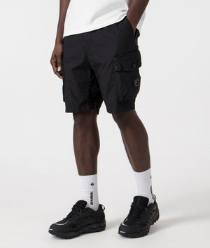 Marshall artist storma cargo short in 001 black with siren logo 100% cotton side front shot at EQVVS