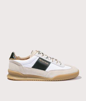 PS Paul Smith Dover White Green Tab Trainers in White, Beige and Black, made of Suede and Leather Side Shot at EQVVS