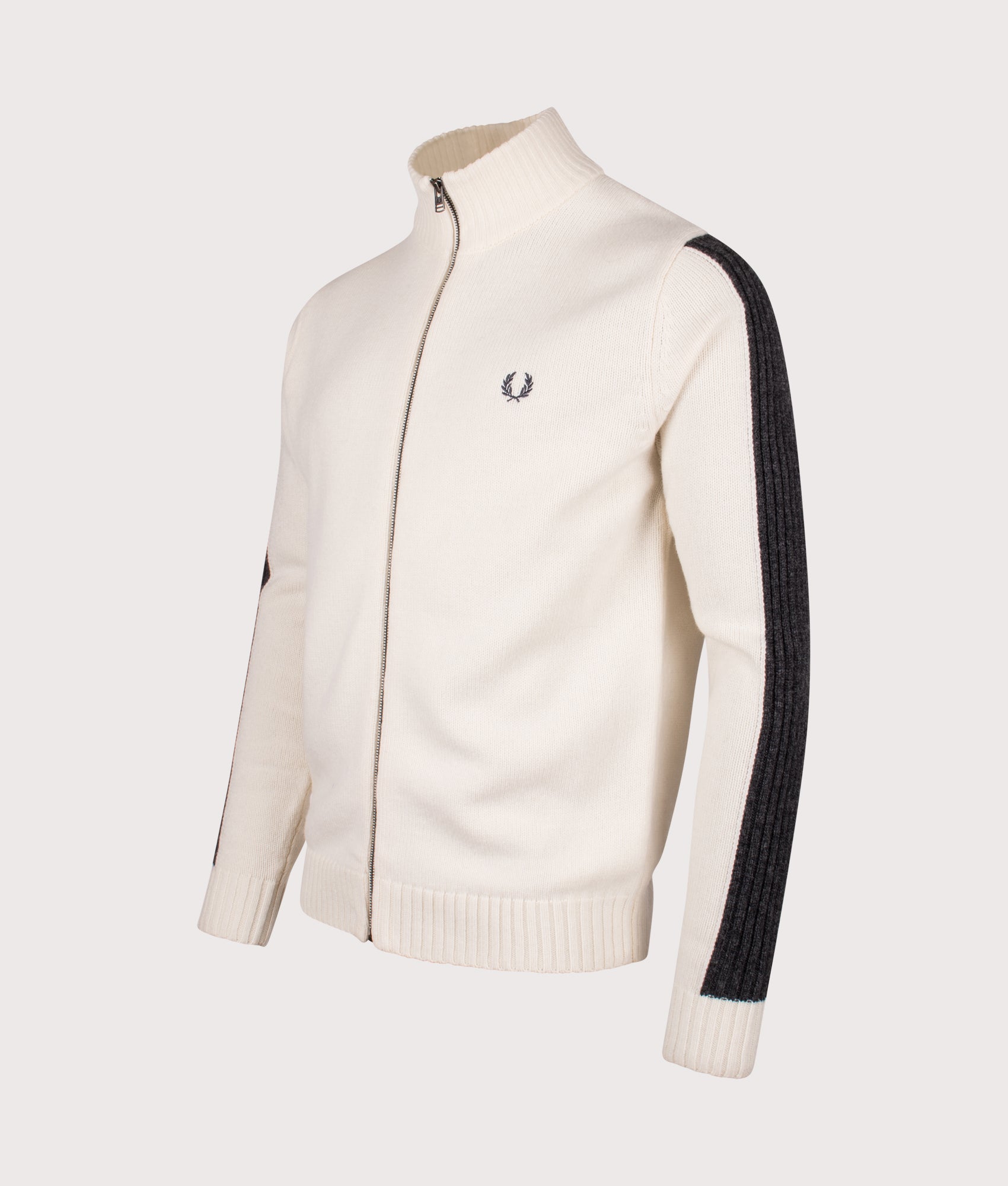 Ribbed Sleeve Zip Through Cardigan in Ecru | Fred Perry | EQVVS