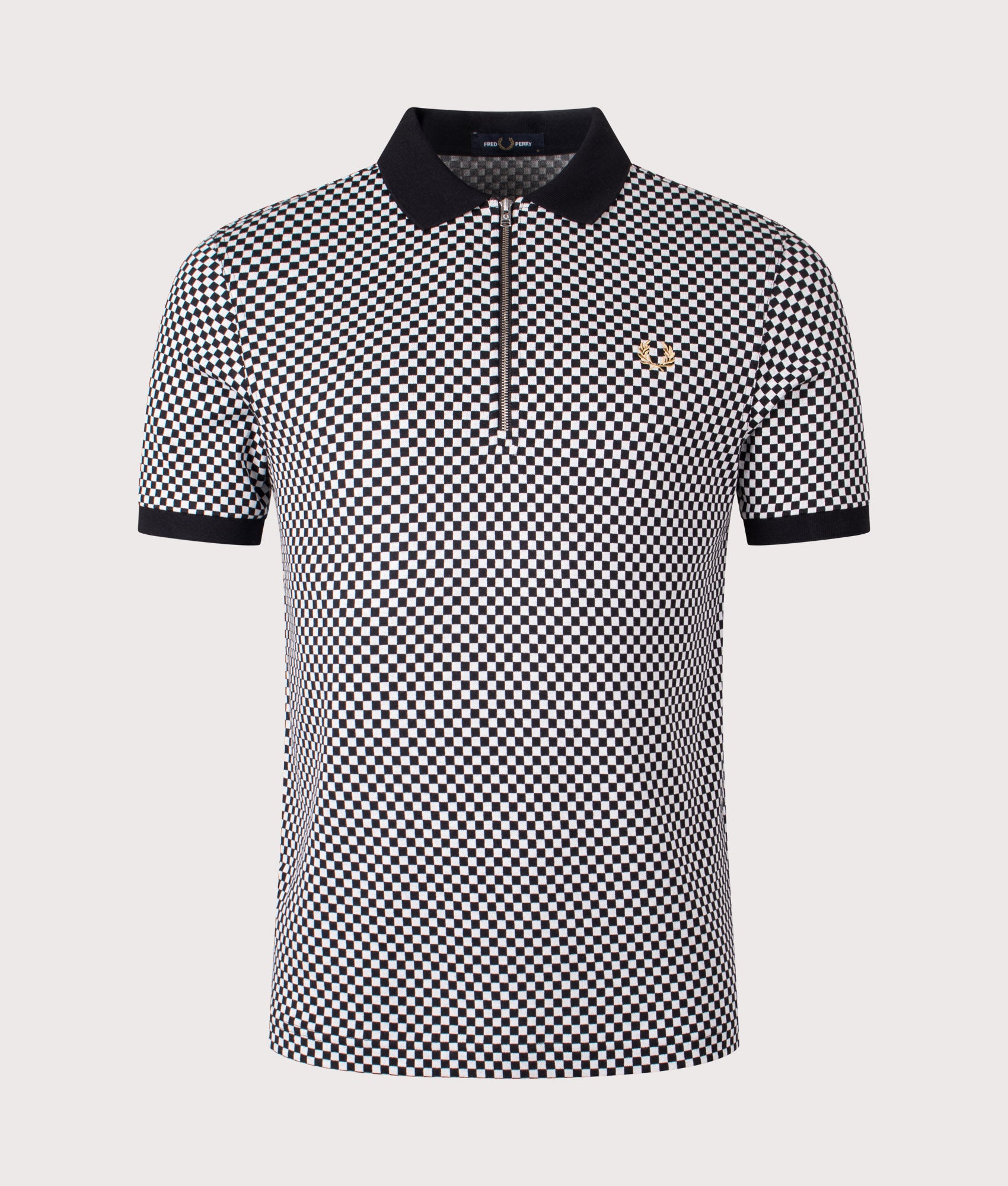 Chequerboard Zip Neck Polo Shirt in Black | Fred Perry | EQVVS