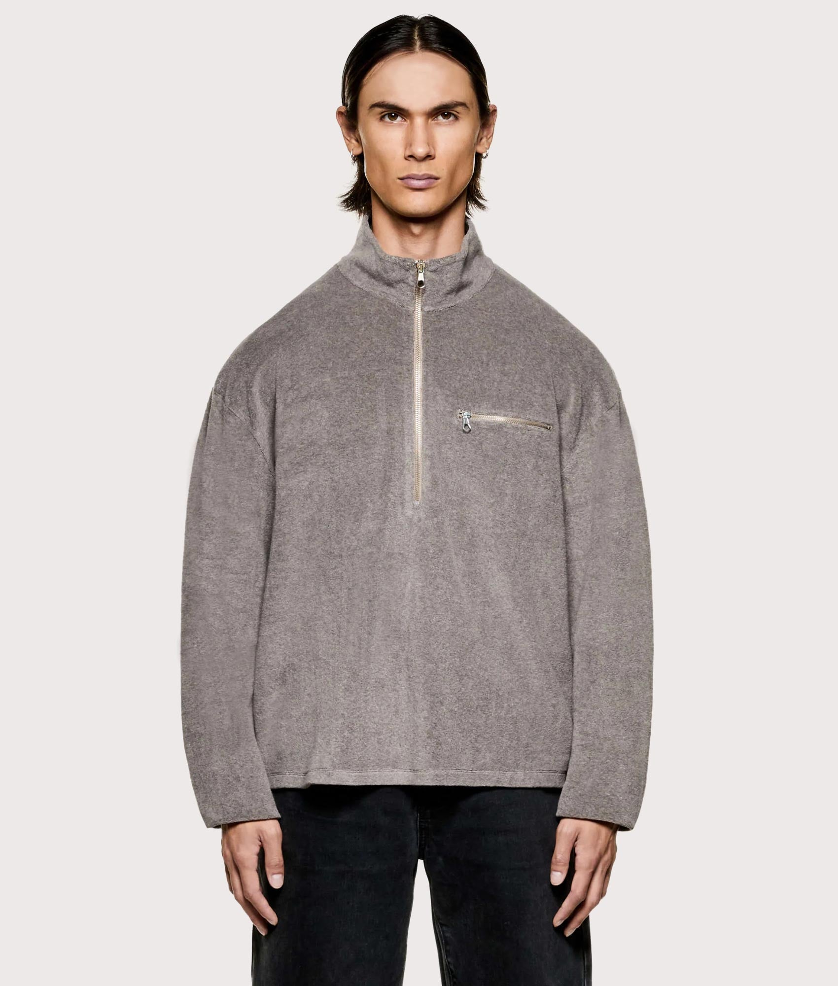 Towelling Quarter Zip Sweatshirt in Brown | MKI MIYUKI ZOKU | EQVVS