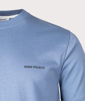 Norse Projects Johannes Organic Logo T-Shirt in 7121 Fog Blue detail shot at EQVVS