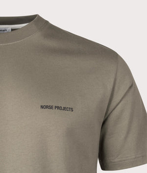 Norse Projects Relaxed Fit Johannes Organic Logo T-Shirt in 8076 Sediment Green detail shot at EQVVS