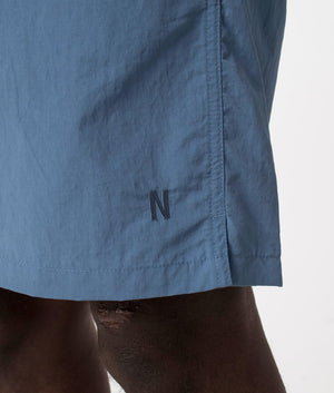 Hauge Recycled Nylon Swimmers in Fog Blue by Norse Projects. EQVVS Detail Shot.