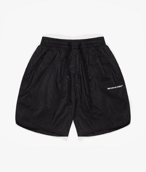 Relaxed Fit Crinkle Nylon Track Shorts in Black by MKI MIYUKI ZOKU. EQVVS Front Flat Shot. 