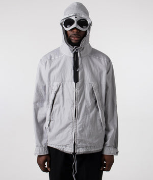 CP Company 50 Fili Gum Mixed Goggle Jacket in Drizzle Grey with Goggle Hood Front Hooded Shot at EQVVS