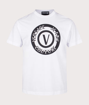 Relaxed Fit V Emblem Seas T-Shirt in White by Versace Jeans Couture. EQVVS Front Angle Shot.