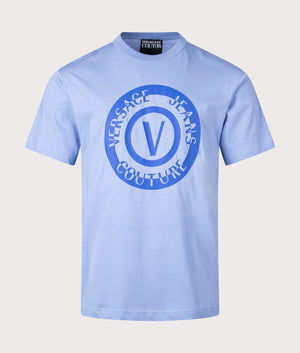 Relaxed Fit V Emblem Seas T-Shirt in Cerulean by Versace Jeans Couture. EQVVS Front Angle Shot.