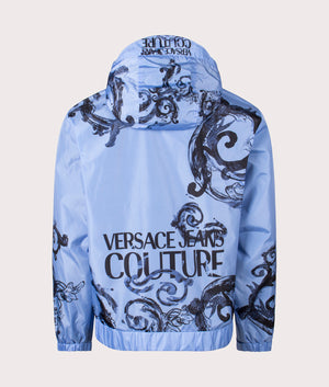 Placed Couture Windbreaker in Cerulean by Versace Jeans Couture. EQVVS Back Angle Shot.