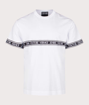 Relaxed Fit R Taped T-Shirt in White by Versace Jeans Couture. EQVVS Front Angle Shot.