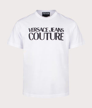 Rubberised Logo Color Print T-Shirt in White by Versace Jeans Couture. EQVVS Front Angle Shot.
