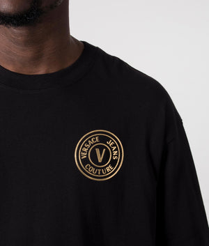 Relaxed Fit L V Emblem T.Foil T-Shirt in Black by Versace Jeans Couture. EQVVS Detail Shot.
