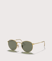 Round Flat Sunglasses: 001 Polished Arista Gold-G-15 Green Lens