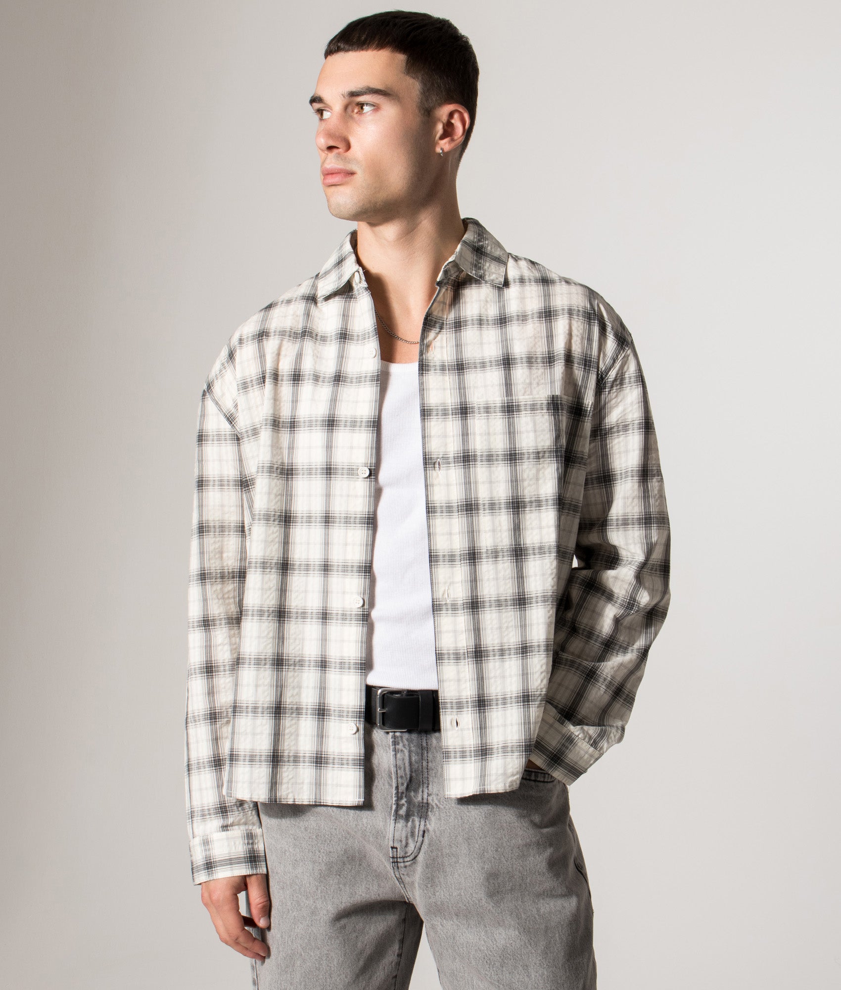 Box Dress Shirt in Off White Check | MKI MIYUKI ZOKU | EQVVS