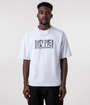 Daily Paper United Type Boxy T-Shirt in Halogen Blue with large Logo on the Chest, 100% Cotton Front Model Shot at EQVVS