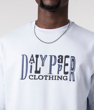 Daily Paper United Type Boxy T-Shirt in Halogen Blue with large Logo on the Chest, 100% Cotton Daily Model Shot at EQVVS