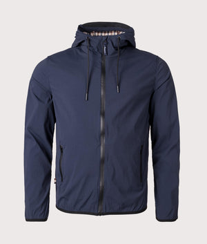 Active Hooded Shell Jacket in Navy by Aquascutum. EQVVS Front Angle Shot.