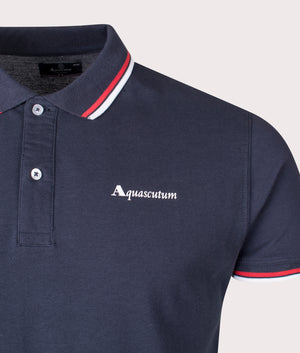 Active Cotton Stripes Dry-Fit Polo Shirt in Navy by Aquascutum. EQVVS Detail Shot.