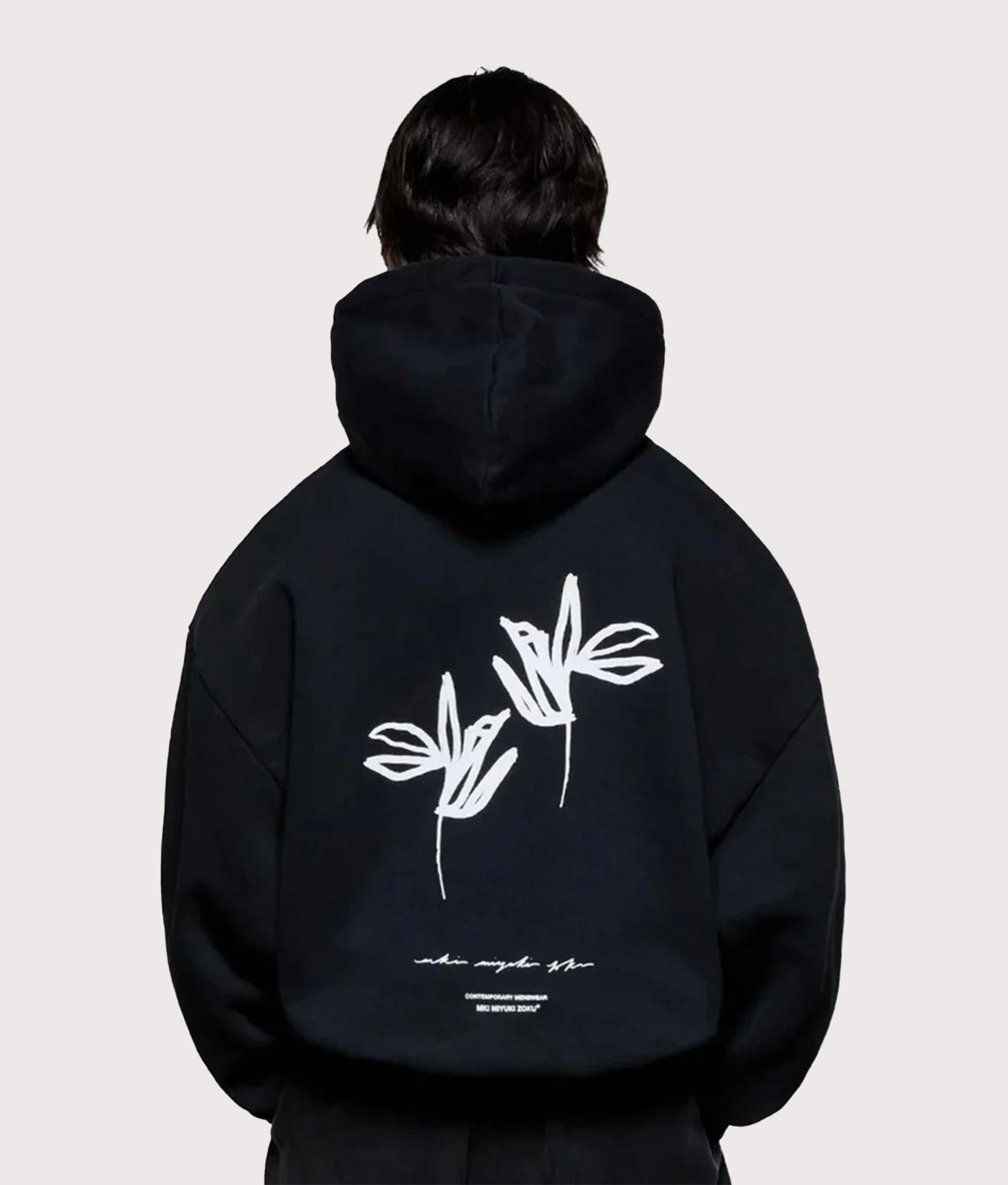 Relaxed Fit Ink Flower Hoodie in Black | MKI MIYUKI ZOKU | EQVVS