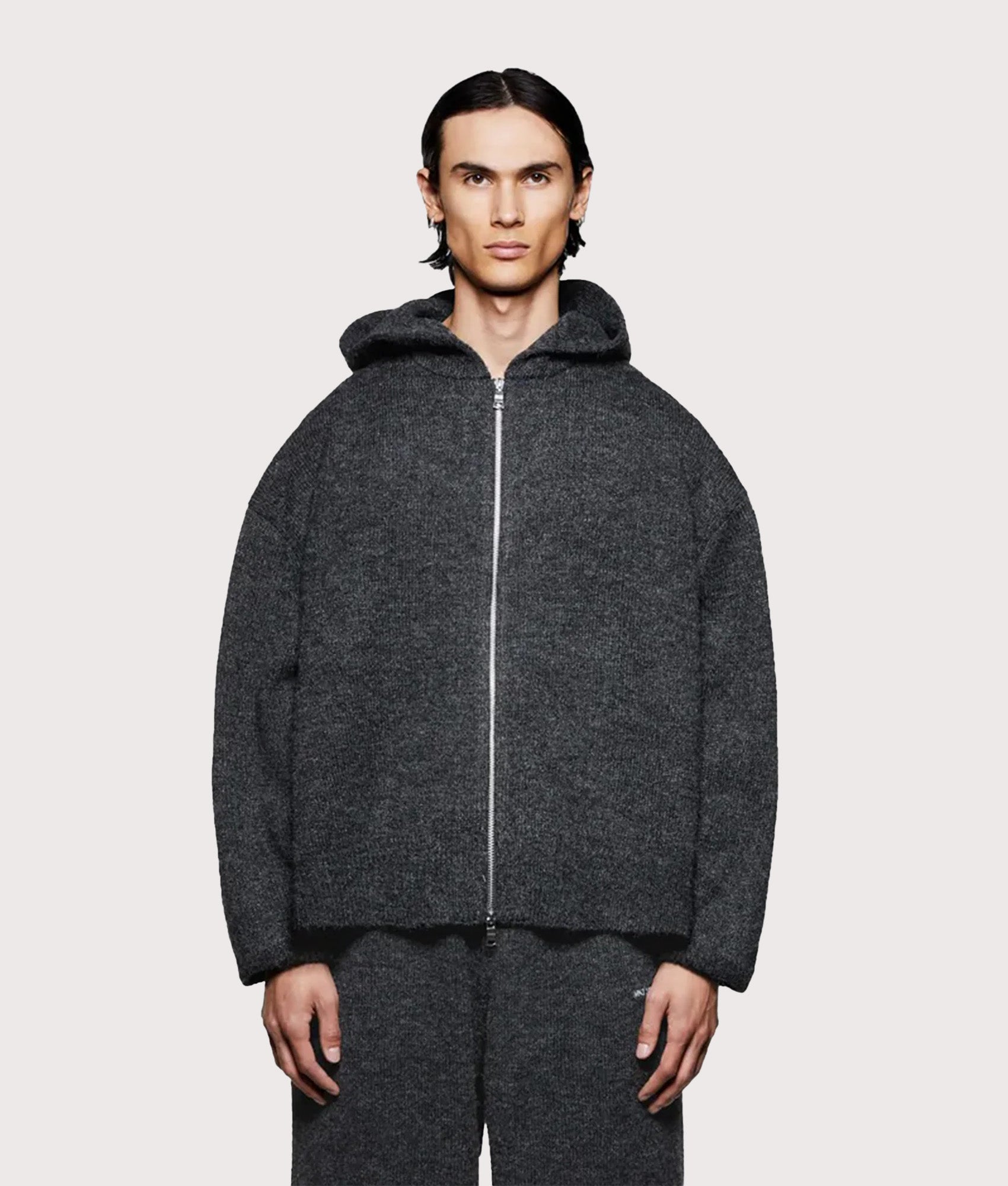 Mohair Knit Zip Through Hoodie in Charcoal | MKI MIYUKI ZOKU | EQVVS