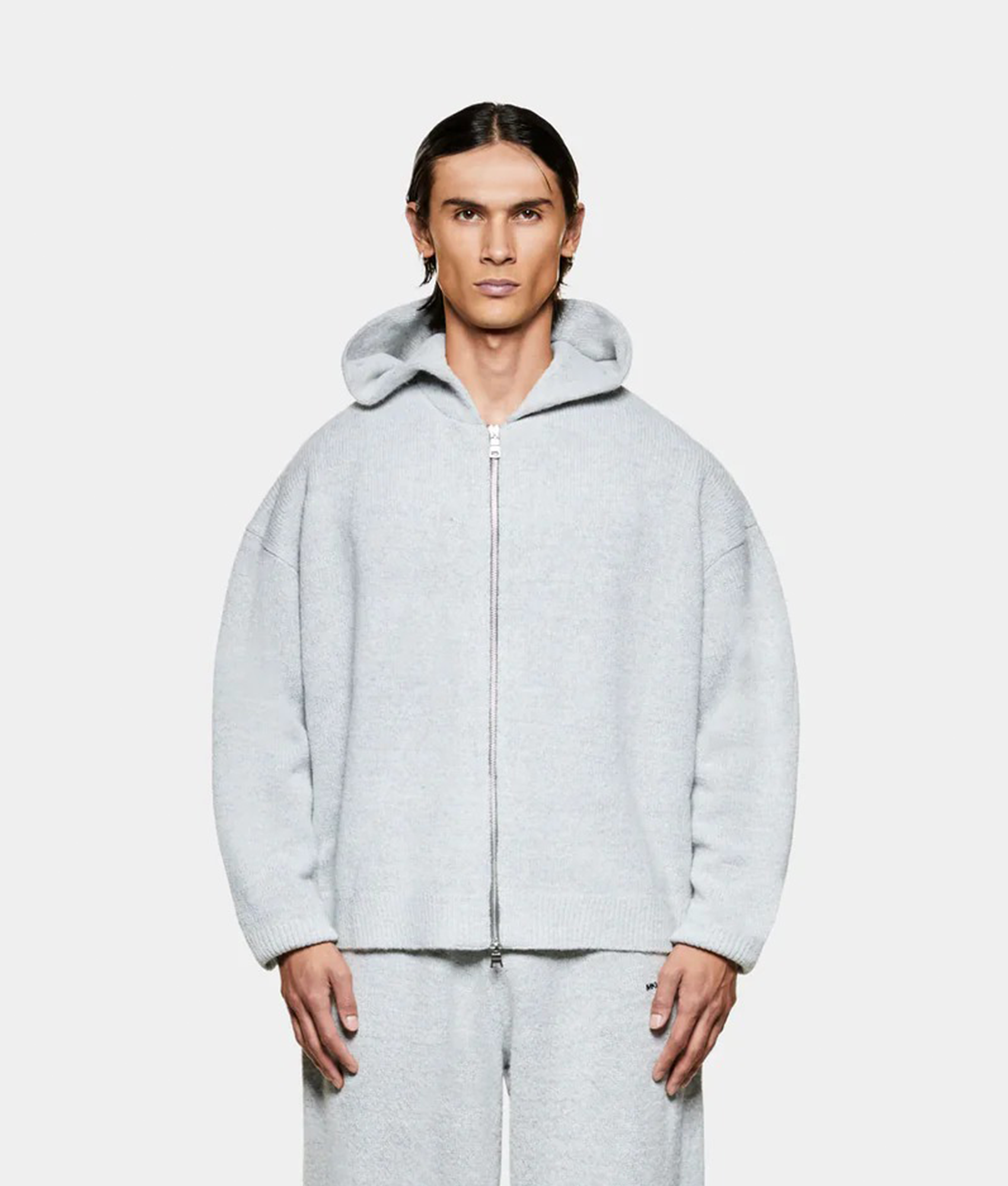 Mohair Knit Zip Through Hoodie in Light Grey | MKI MIYUKI ZOKU | EQVVS
