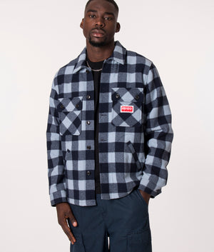 KENZO Wool Overshirt in Blue Check, EQVVS. Model, front. 