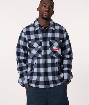 KENZO Wool Overshirt in Blue Check, EQVVS. Model, front 2 