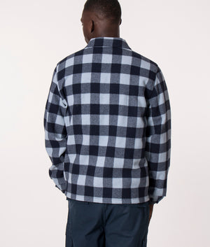 KENZO Wool Overshirt in Blue Check, EQVVS. Model, reverse. 