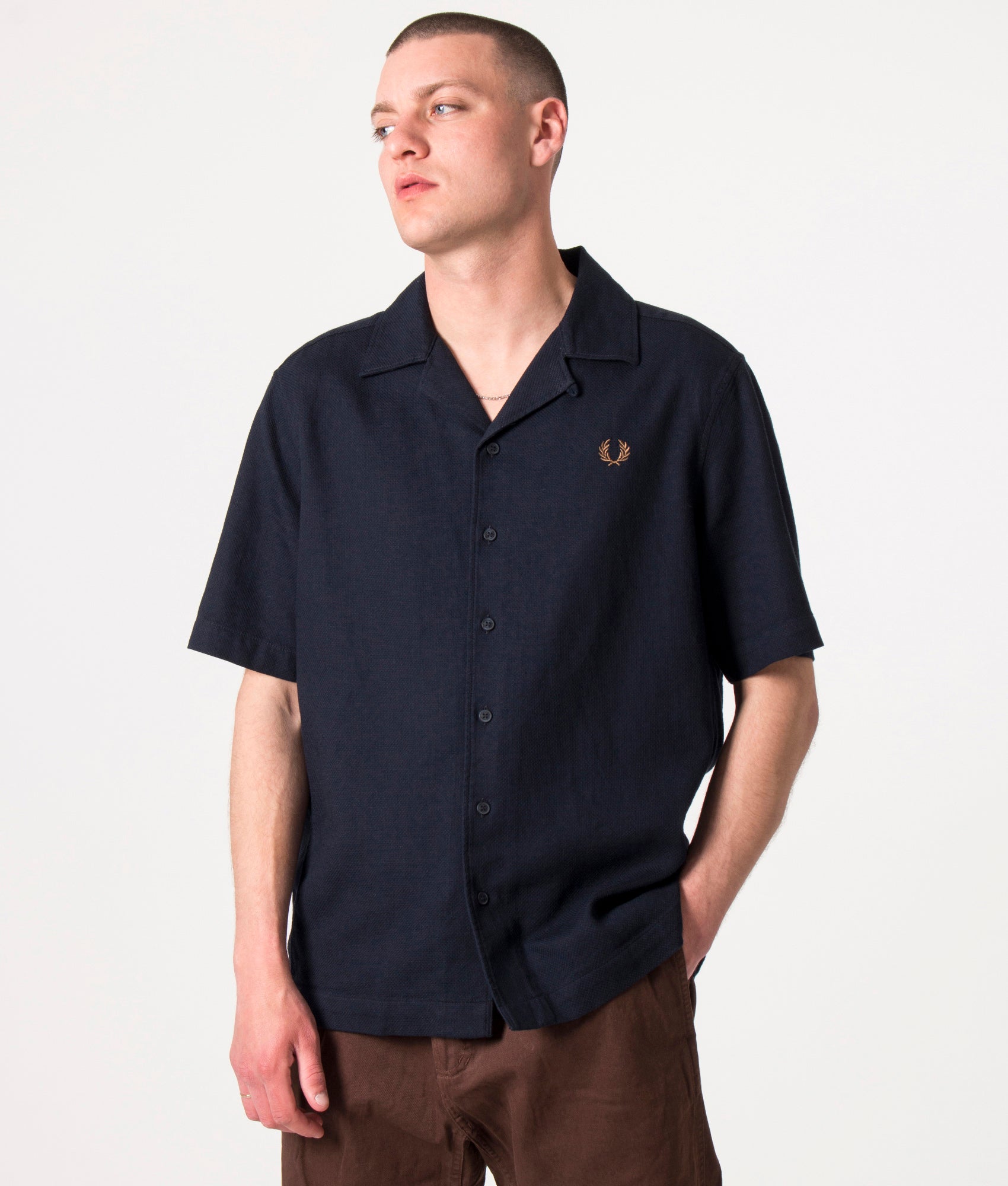 Short Sleeve Linen Blend Revere Collar Shirt Navy | Fred Perry | EQVVS