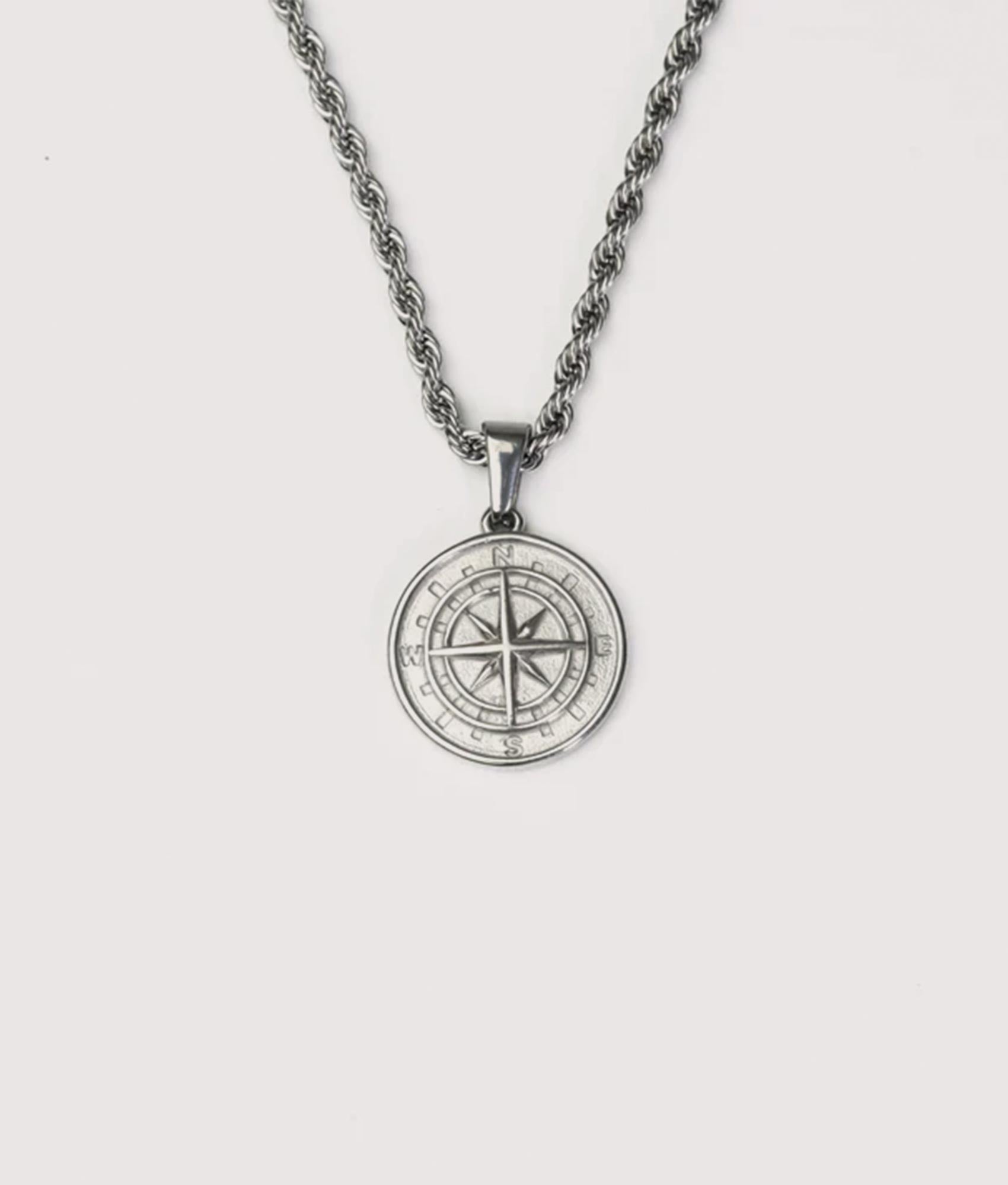 Silver Stainless Steel Compass Pendant 22". Shot by EQVVS. Front shot.