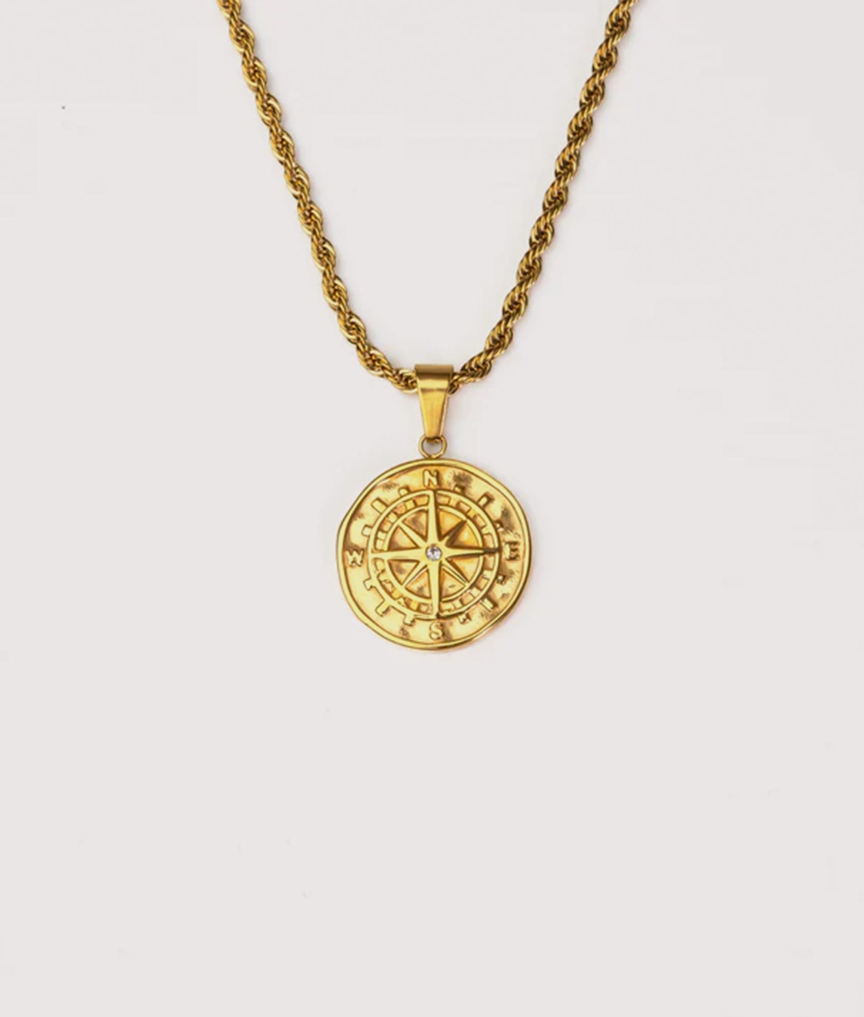 Gold Stainless Steel Compass Pendant 22"
