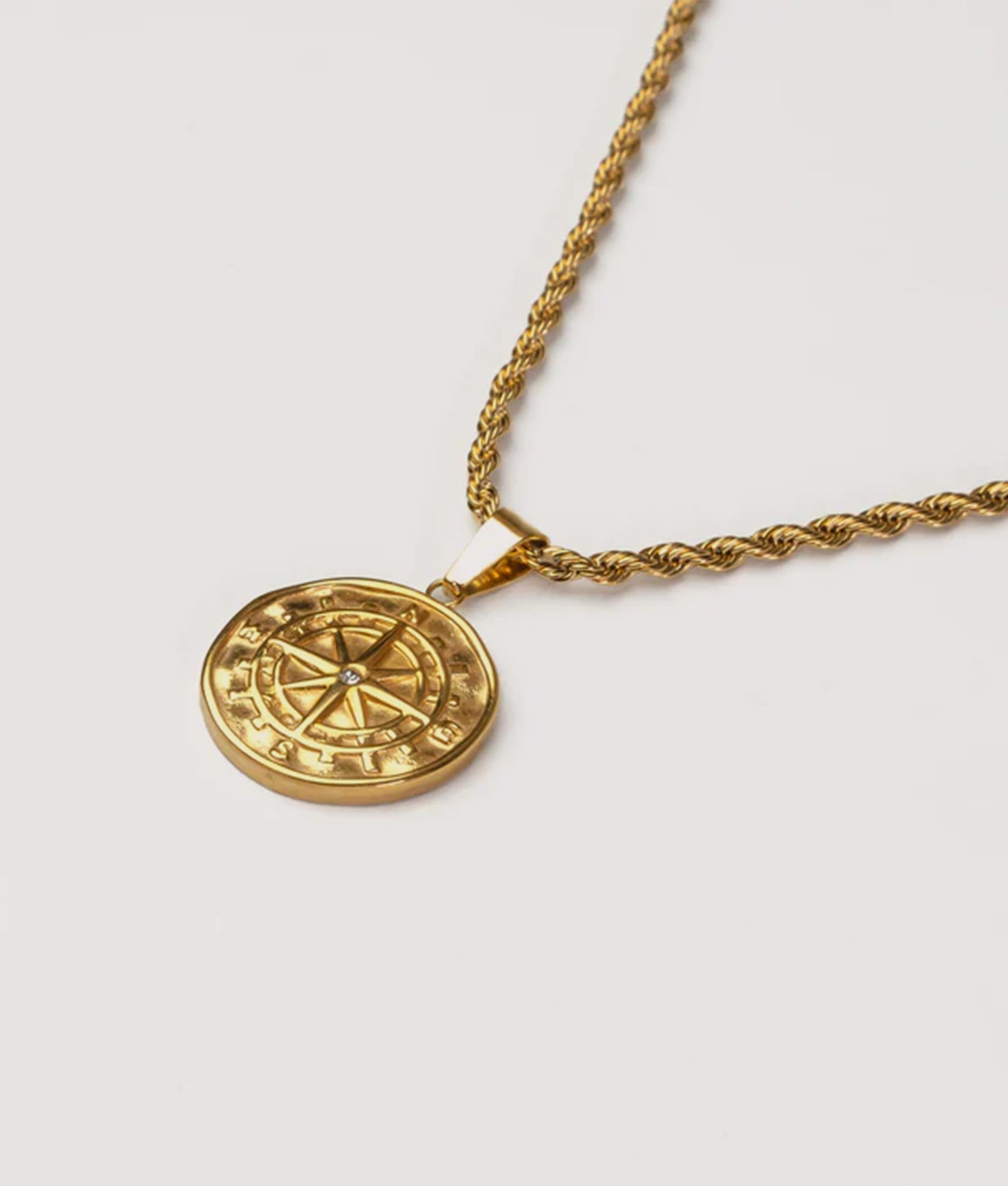 Gold Stainless Steel Compass Pendant 24"