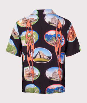 Pleasures Relaxed Fit 7 Wonder Camp Shirt in Black with Full Graphic Colour Print Back Shot at EQVVS