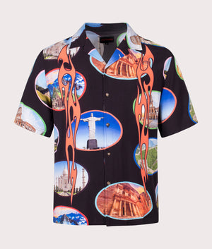 Pleasures Relaxed Fit 7 Wonder Camp Shirt in Black with Full Graphic Colour Print Front Shot at EQVVS