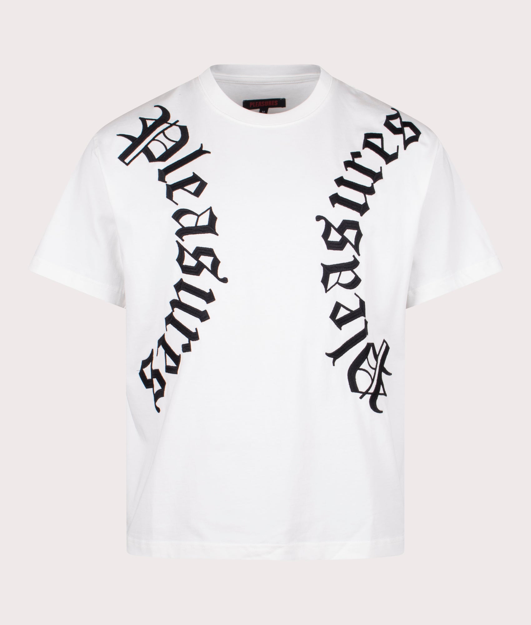 Harness Heavyweight T-Shirt in White by Pleasures. EQVVS Front Angle Shot.