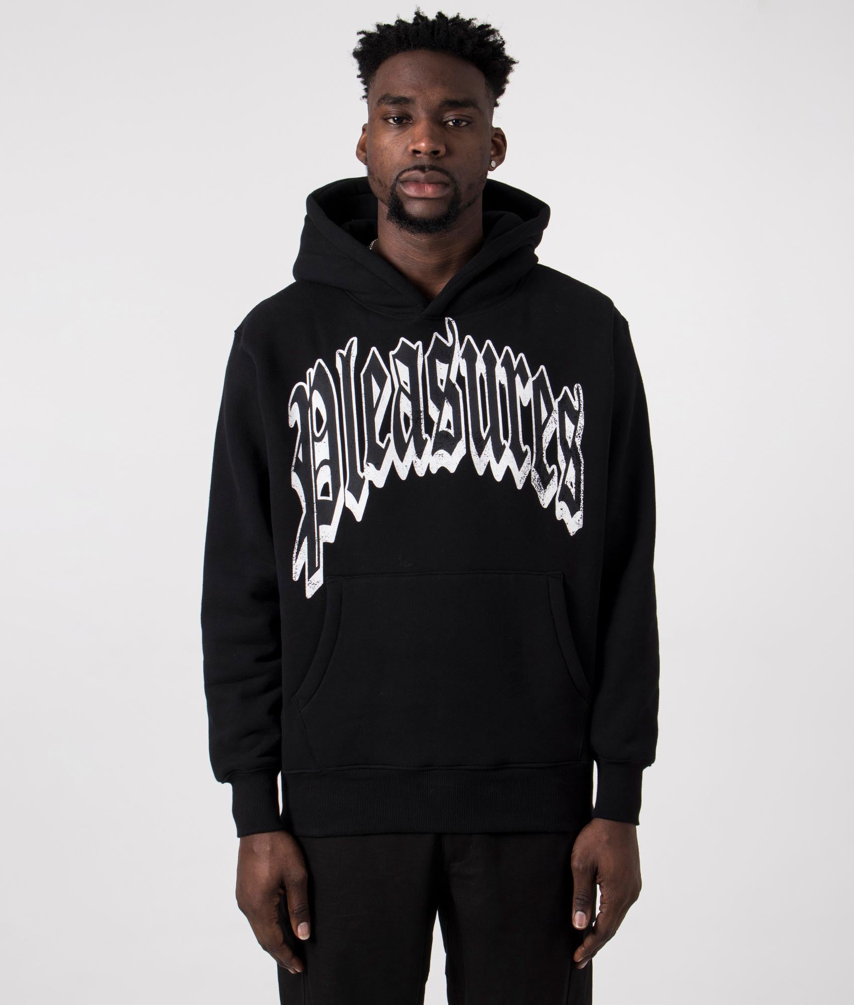 Twitch Hoodie in Black by Pleasures. EQVVS Front Angle Shot.