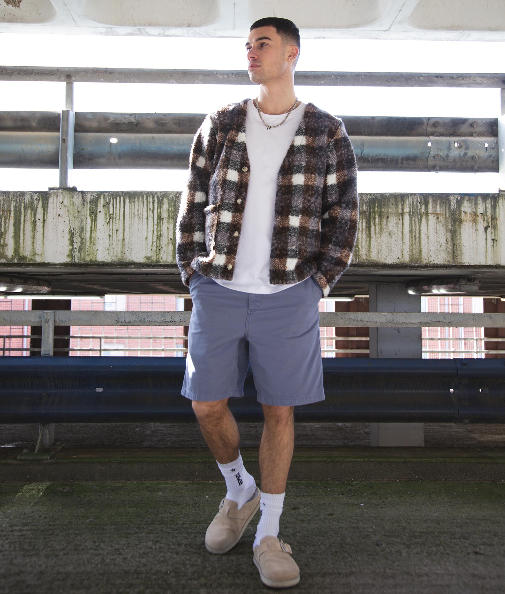 Graham Cardigan in Grey by Pleasures. EQVVS Campaign Shot.