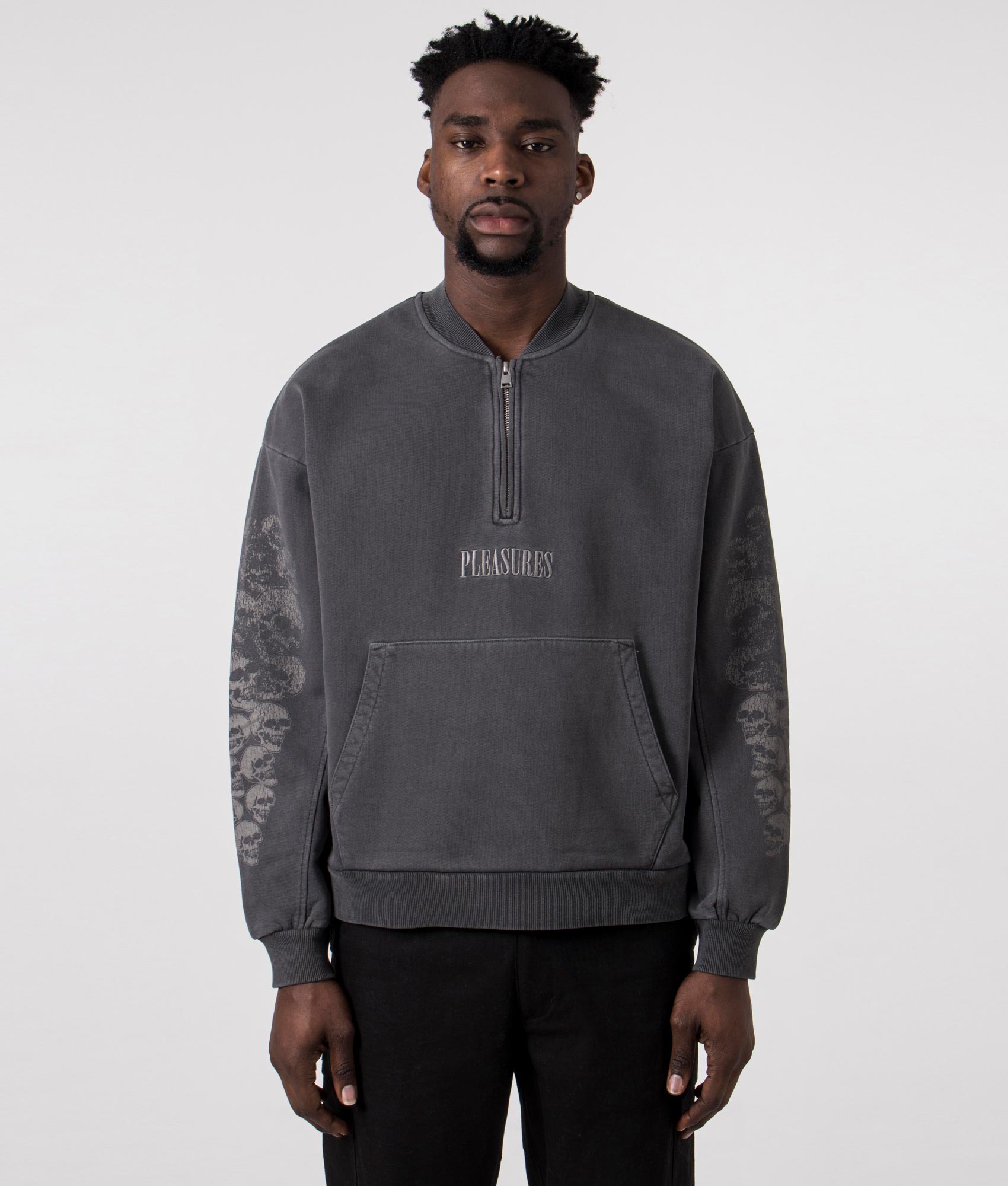 Skull Spiral Quarter Zip in Black by Pleasures. EQVVS Front Detail shot.