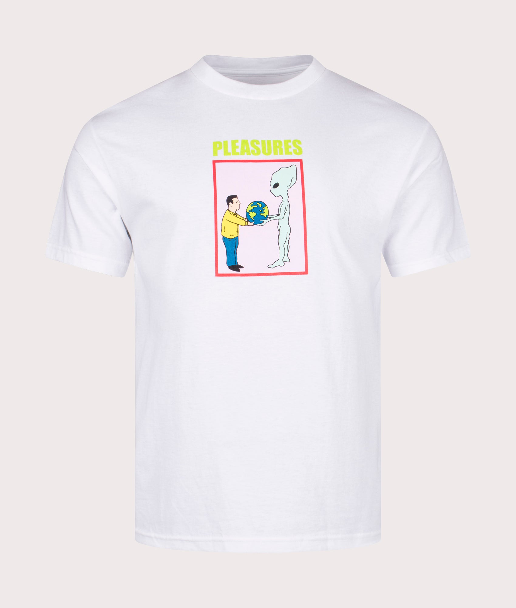Gift T-Shirt in White by Pleasures. EQVVS Front Angle Shot.