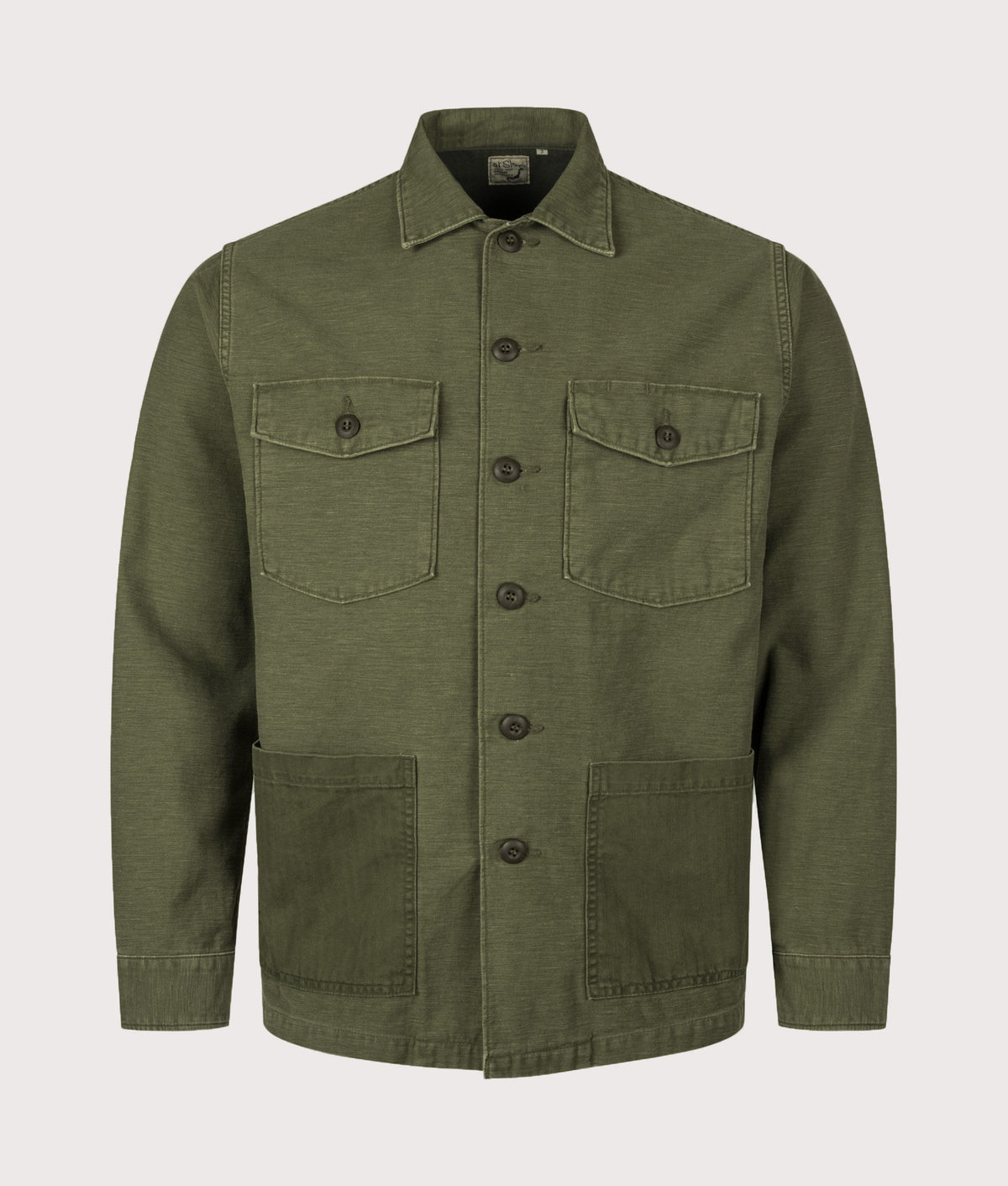 Orslow Vintage Washed 4 Pockets U.S Army Shirt in Dark Olive at EQVVS Menswear. Front shot.