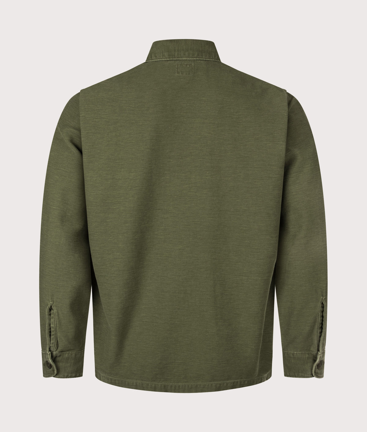 Orslow Vintage Washed 4 Pockets U.S Army Shirt in Dark Olive at EQVVS Menswear. Back shot.