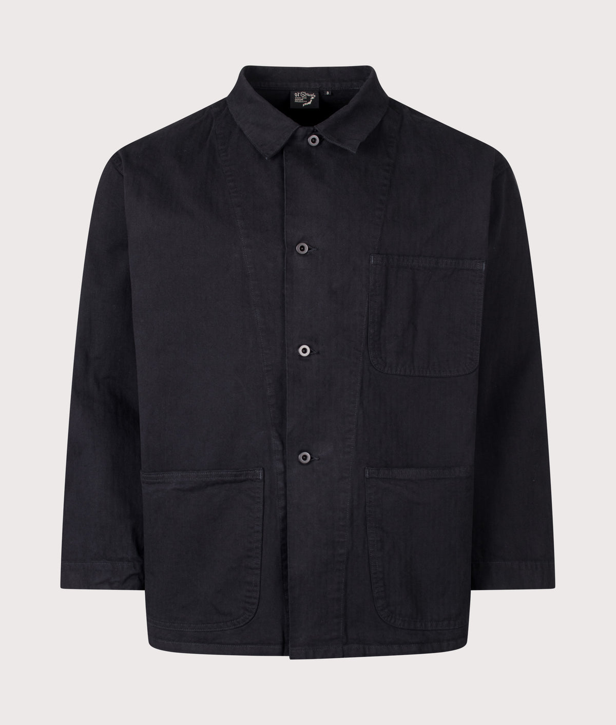 orSlow USMC Herringbone Coverall Overshirt in Black at EQVVS Menswear. Front shot.