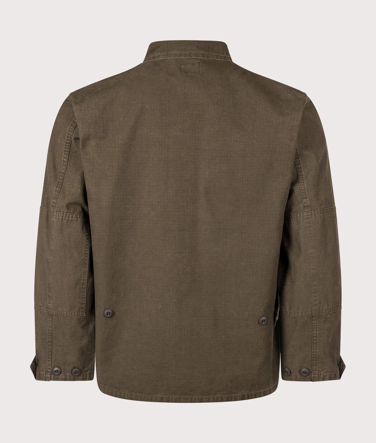 orSlow B.D.U Stone Washed Jacket in Coffee Brown at EQVVS Menswear. Back shot.