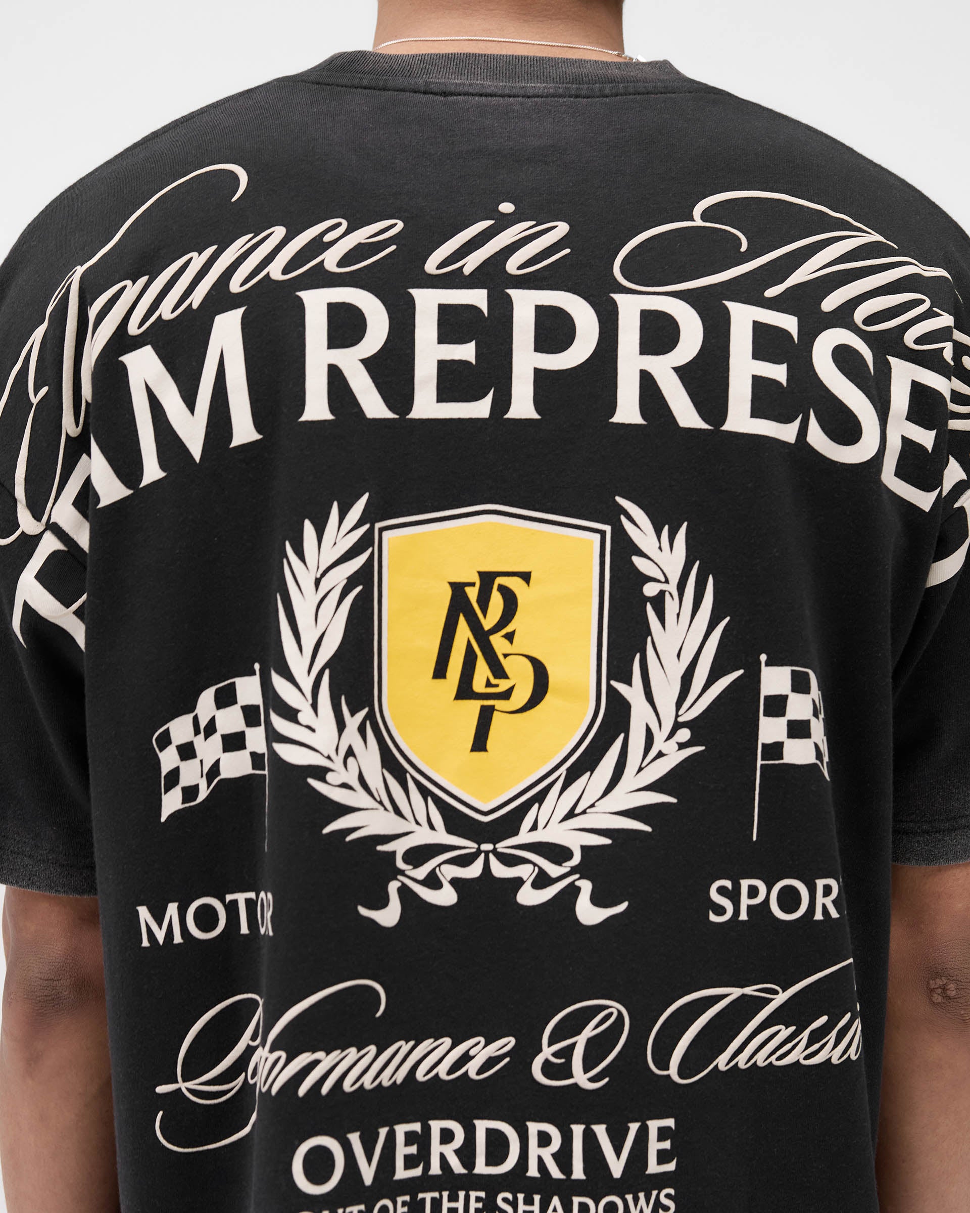 Represent Crest T-Shirt in Flat White at EQvVS. Back Detail Model Shot