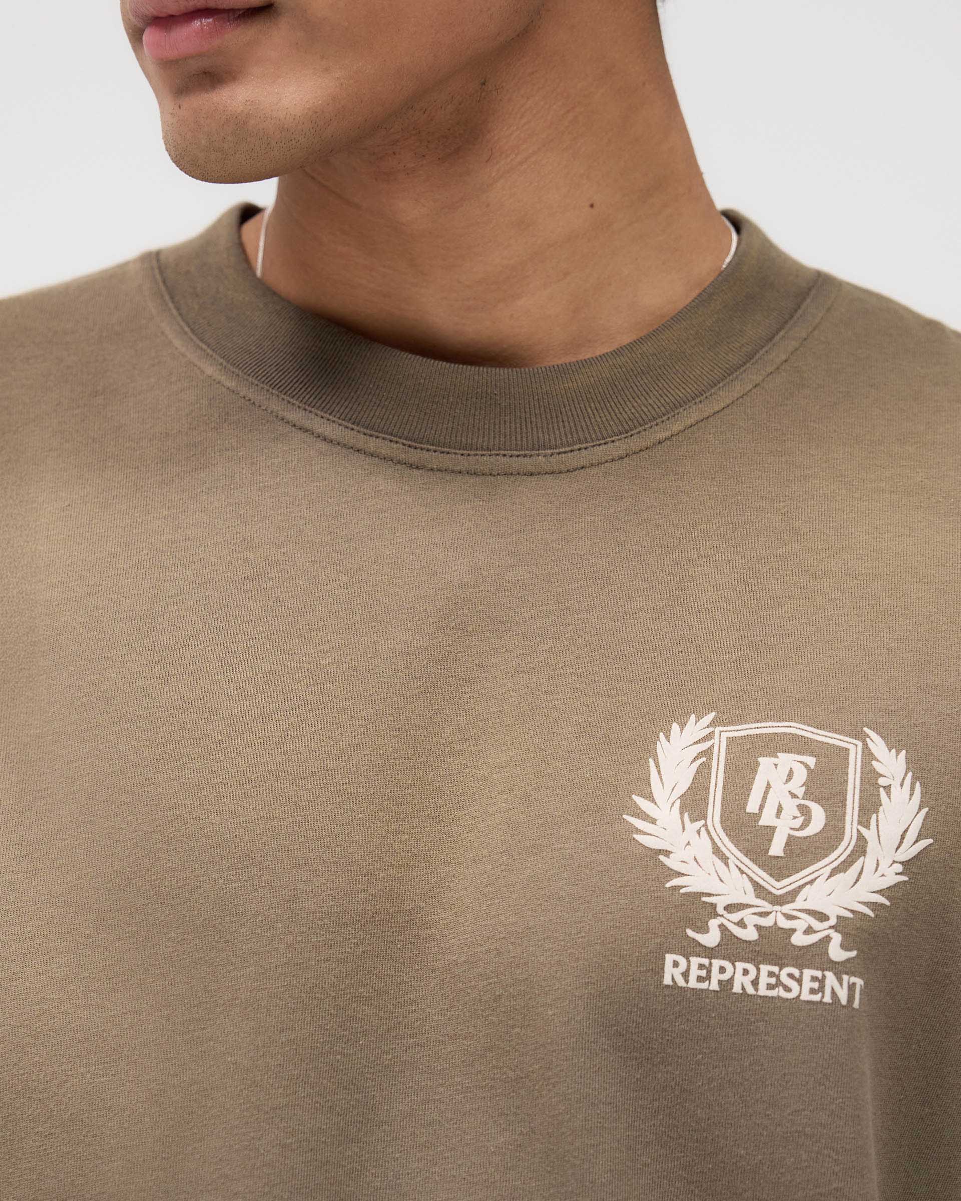 Represent Crest T-Shirt in Dark Taupe at EQVVS. Front Detail Model Shot