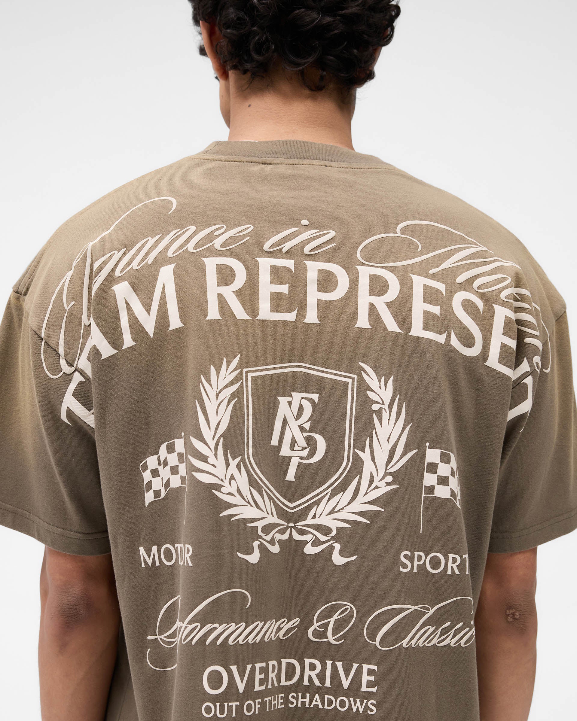 Represent Crest T-Shirt in Dark Taupe at EQVVS. Back Detail Model Shot