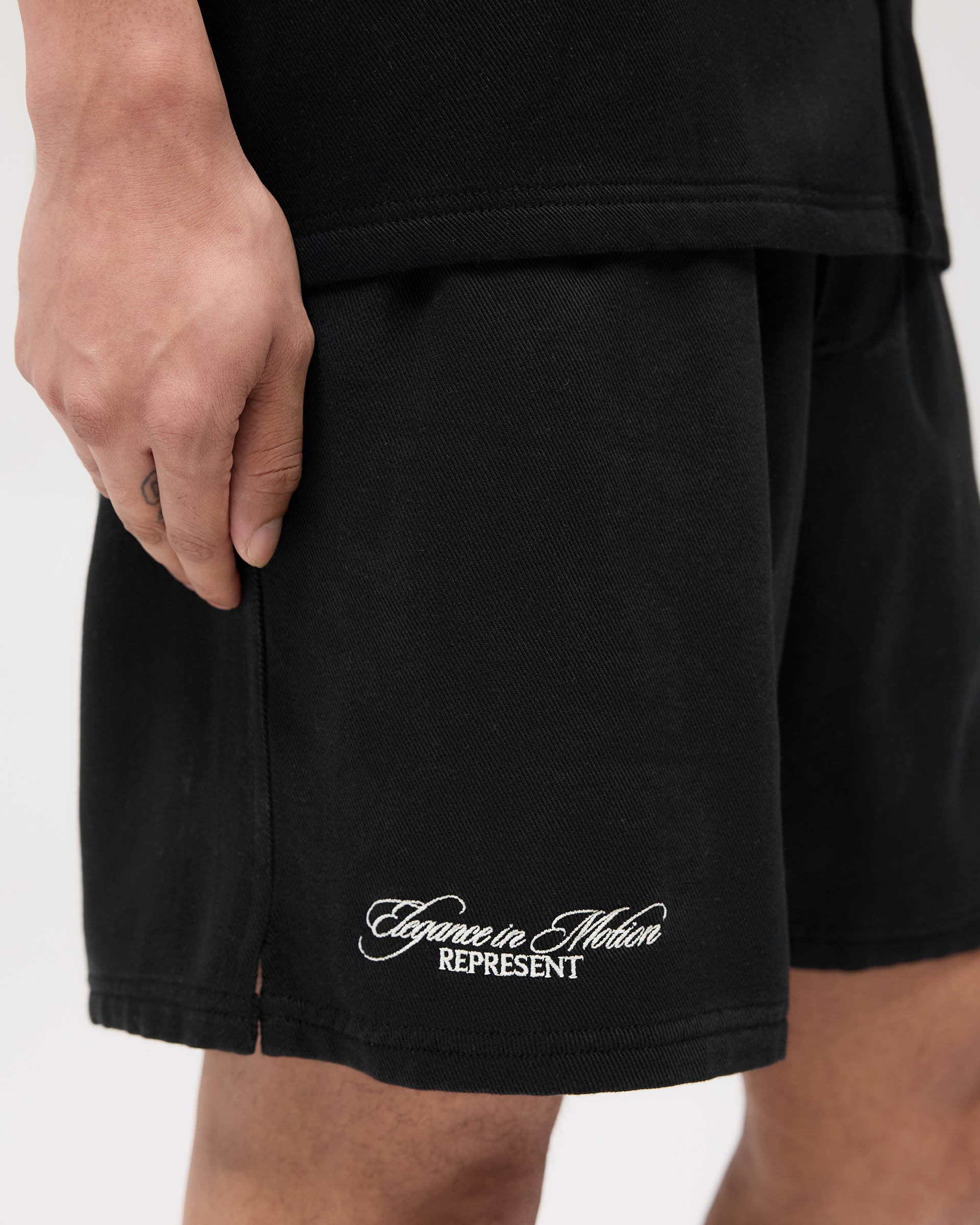 Represent Represent Crest Shorts in Black at EQVVS. Detail Right shot.