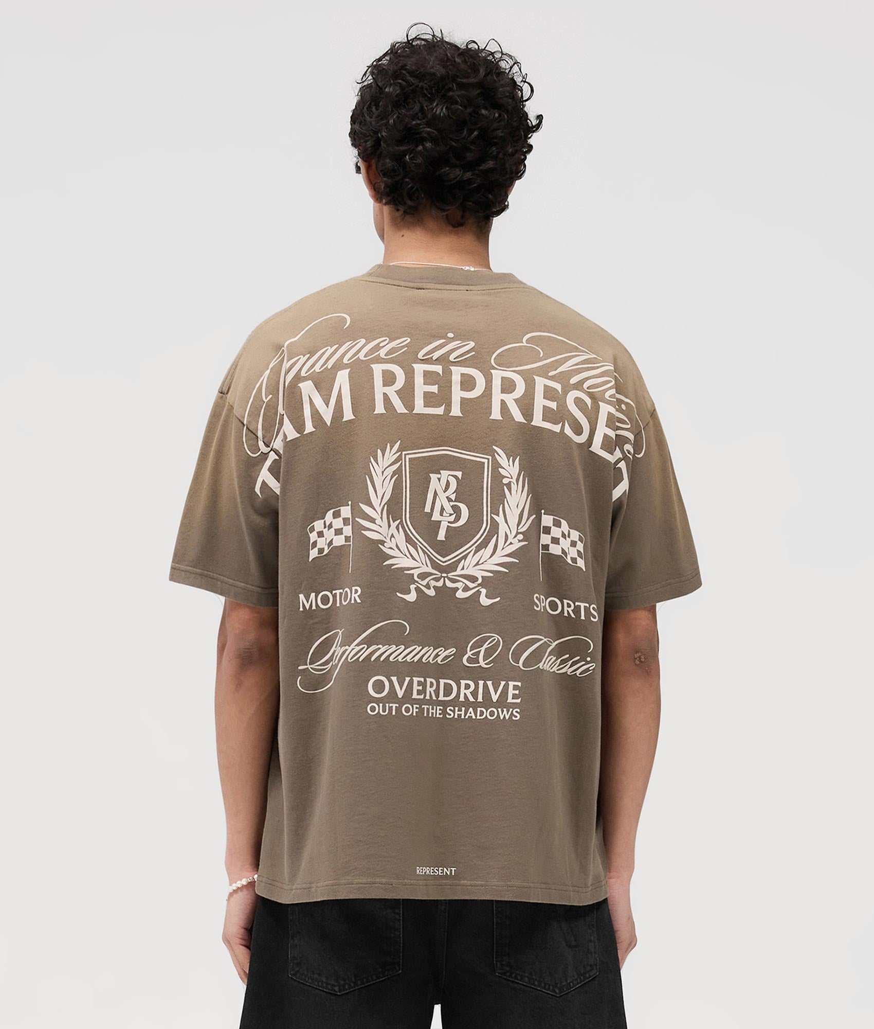 Represent Crest T-Shirt in Dark Taupe at EQVVS. Back Model Shot